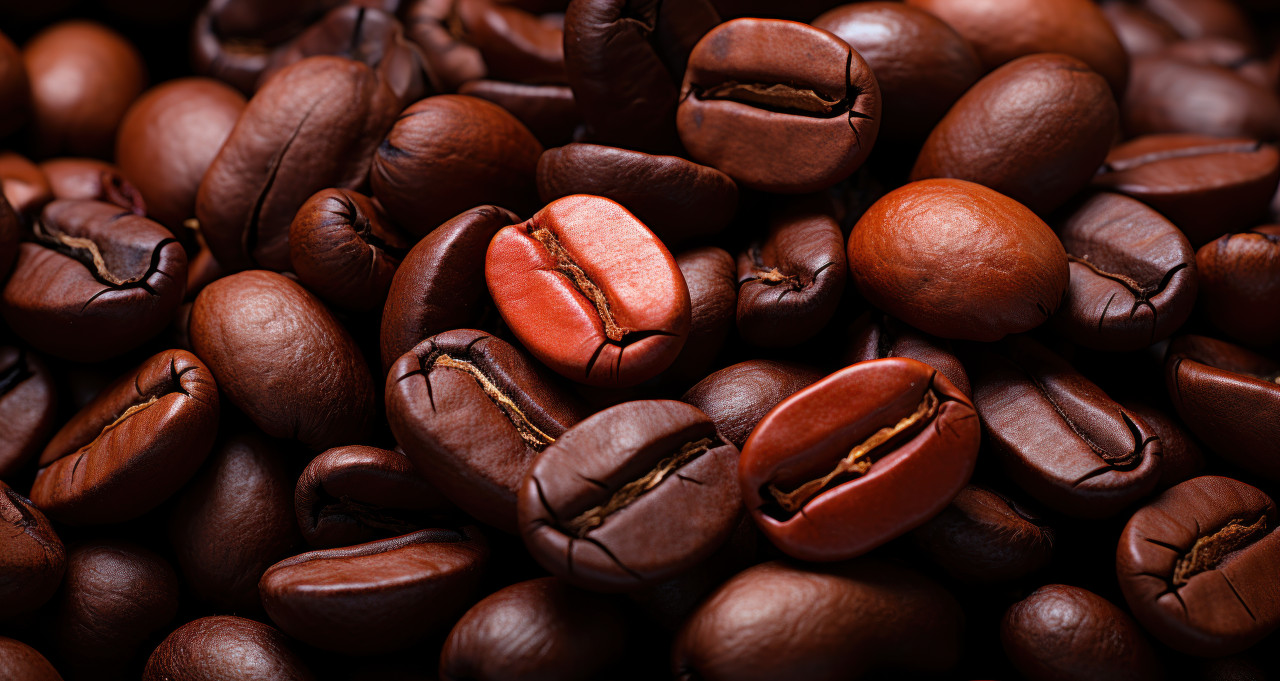 Close up photo capturing coffee beans, image of coffee cup