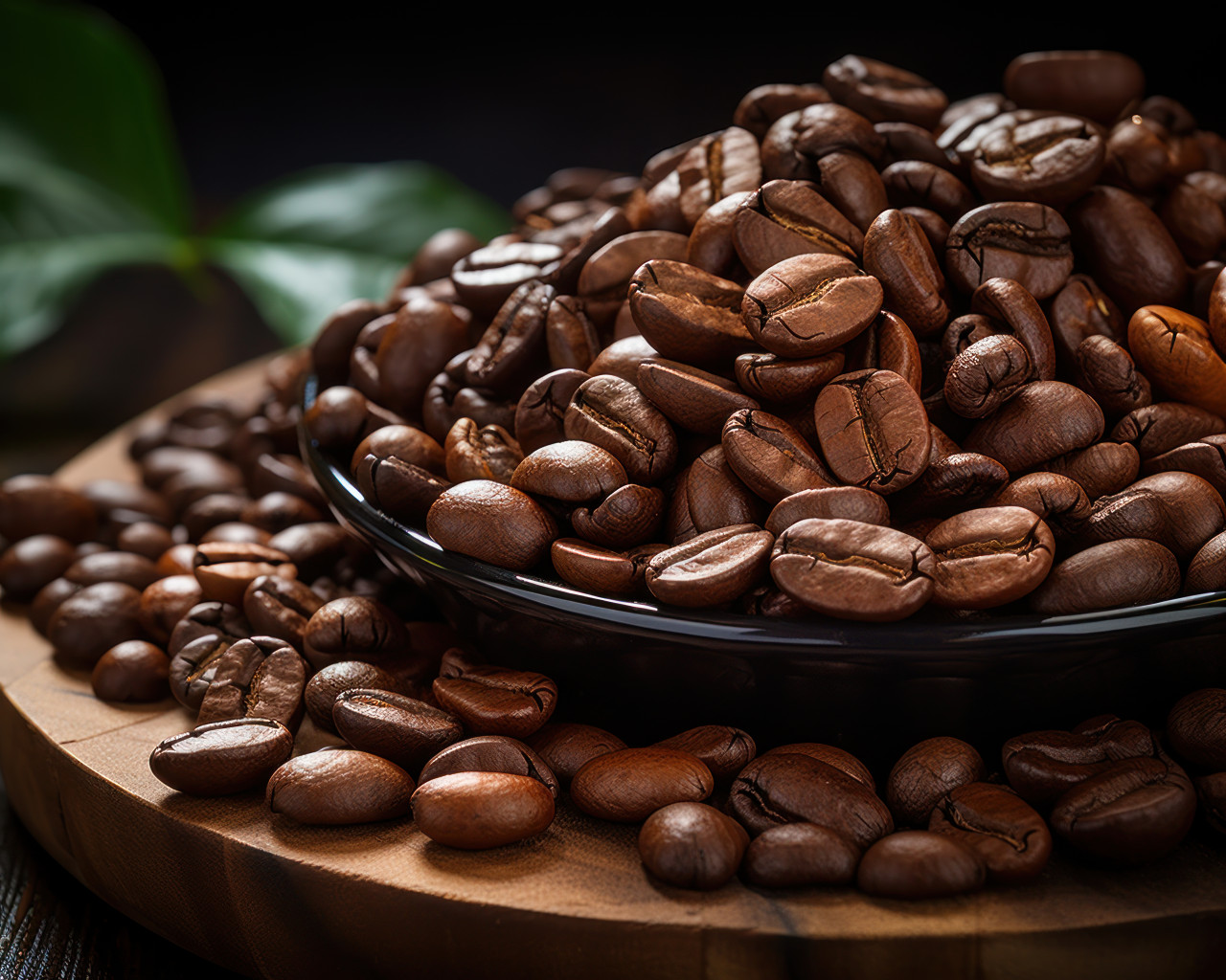 Detailed close up of coffee beans displayed on a wooden surface, beautiful coffee cup image