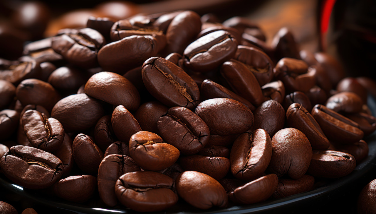 Closeup of coffee beans, image of coffee cup