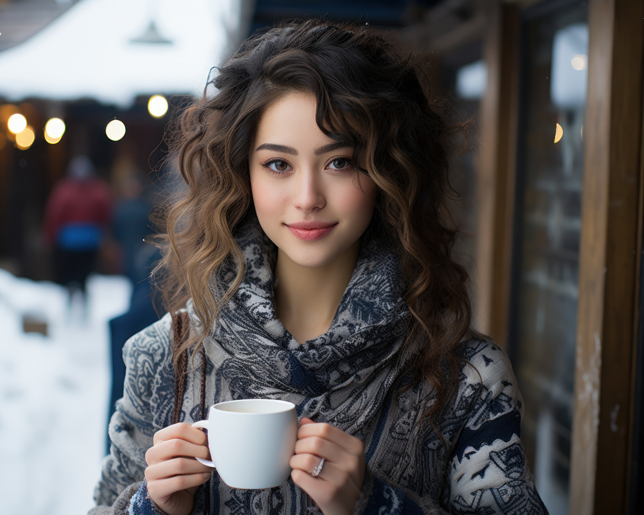 A woman enjoying coffee outside her house, image of coffee cup