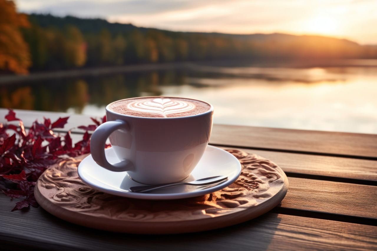Cup of coffee on a wooden board over a serene lake, beautiful coffee cup image