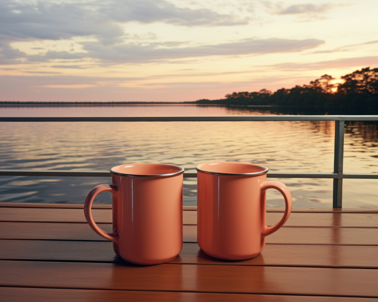 Coffee mugs on wood deck beside scenic lake, photo of coffee