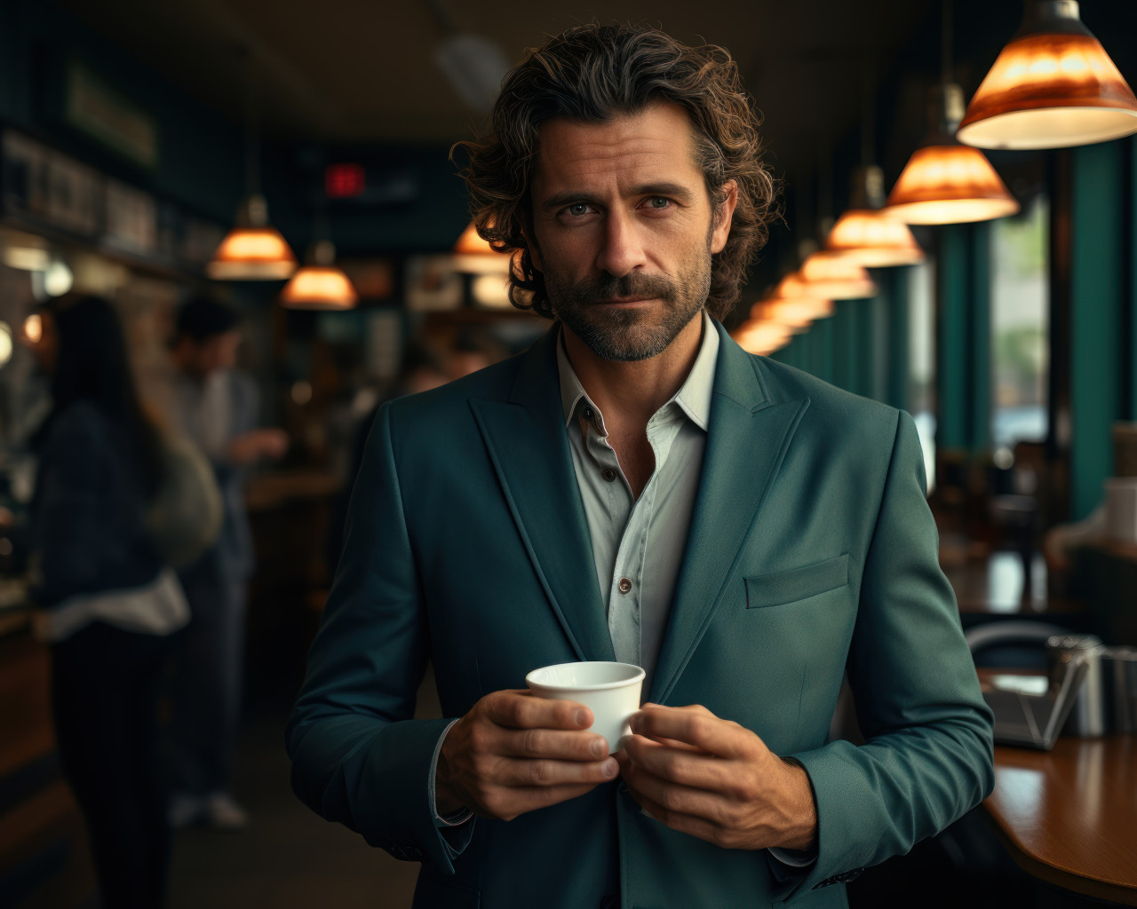 Man with coffee in a restaurant, beautiful coffee cup image