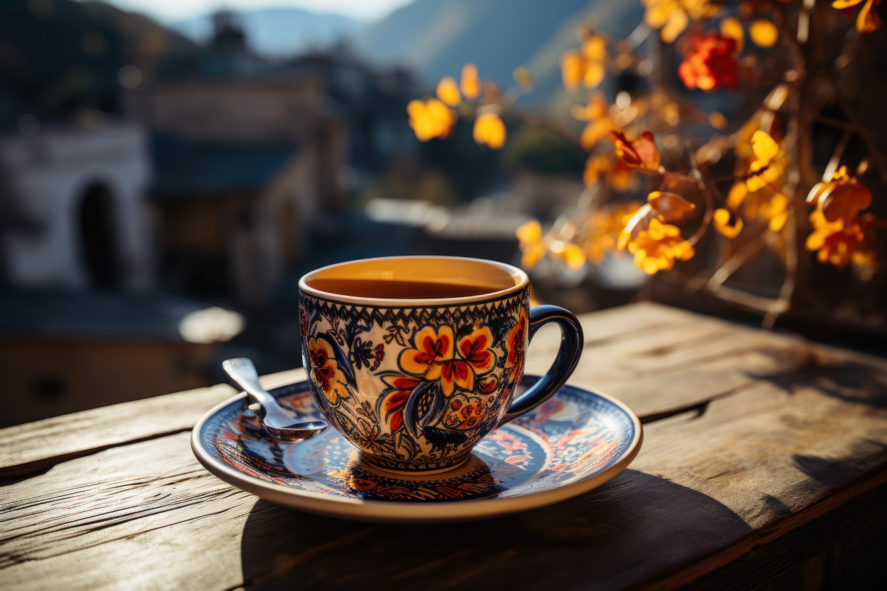 Coffee cup with mountains in the background, beautiful coffee cup image