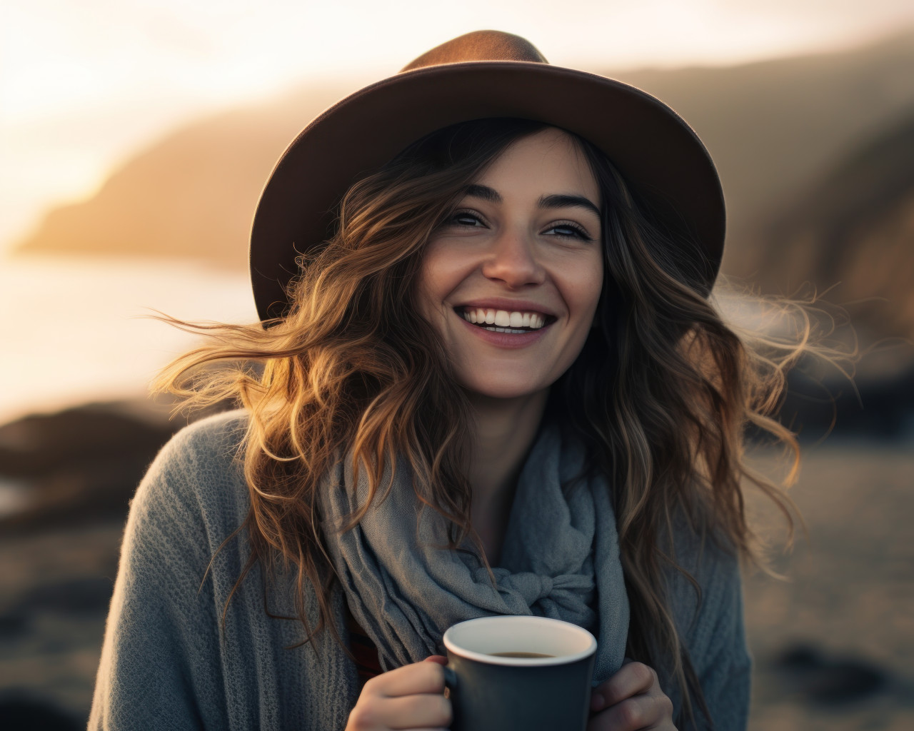 A young girl enjoys coffee on the beach at sunrise, image of coffee cup