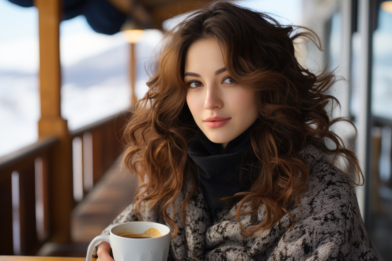 Woman drinking coffee outdoors in snowy scenery, photo of coffee
