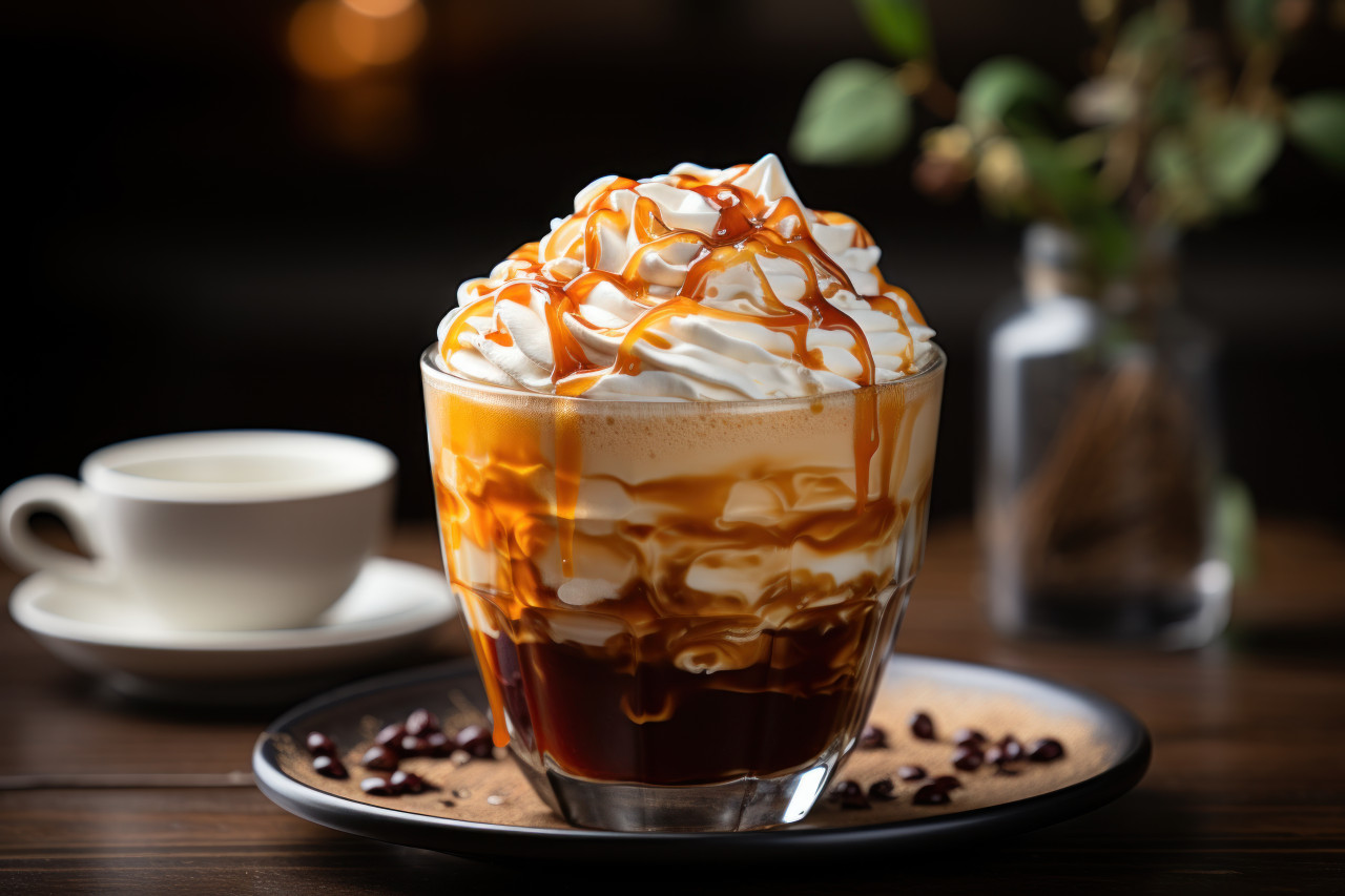 A coffee cup with creamy topping on rustic table, beautiful coffee cup image