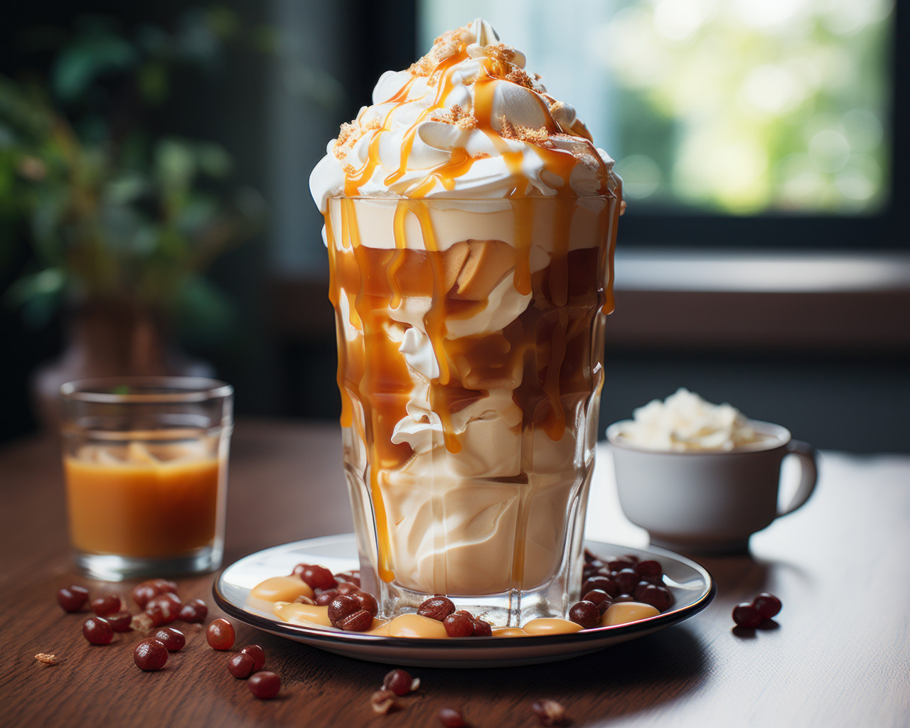 Iced coffee topped with caramel on a table, image of coffee cup
