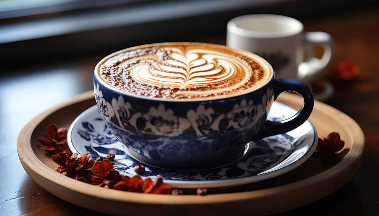 A cup of cappuccino on a wooden tray, photo of coffee