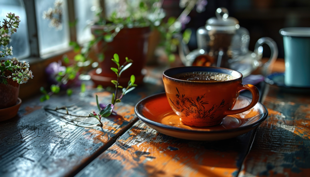 Sunny afternoon with an orange tea cup on the table, image of coffee cup