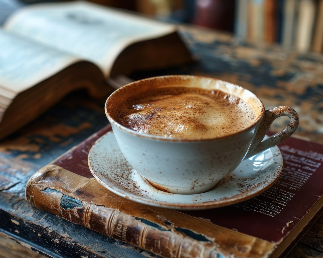 A warm cup of coffee near an open book, beautiful coffee cup image