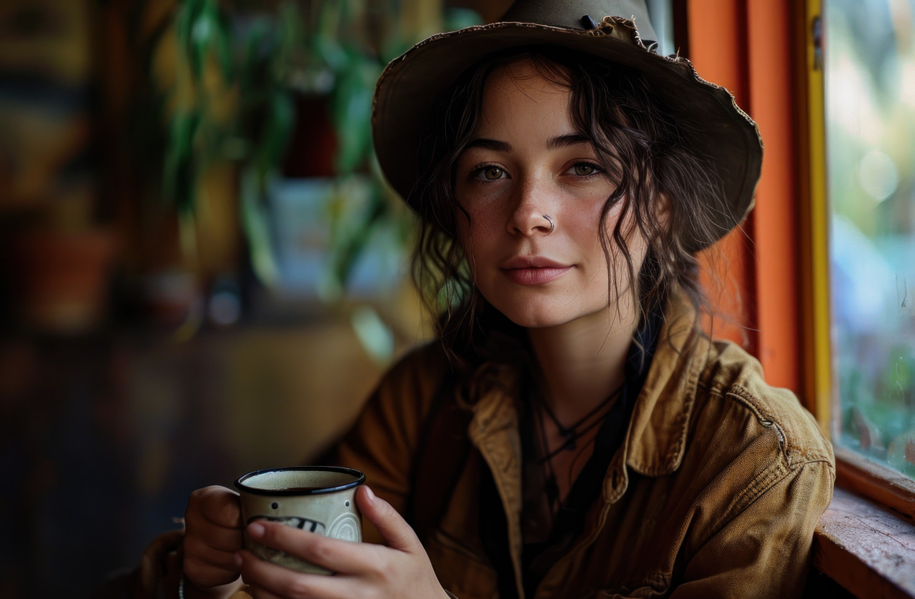 Young lady enjoying a cup of coffee, photo of coffee