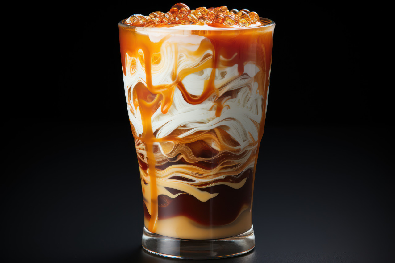 Iced coffee in glass with caramel on black backdrop, beautiful coffee cup image