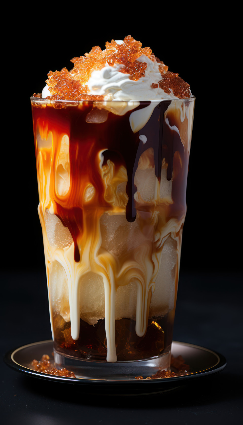 Glass iced coffee with caramel topping on black background, photo of coffee