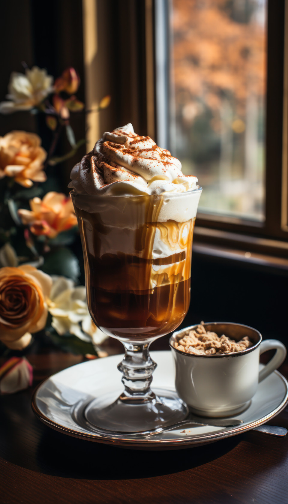 Cup of coffee with whipped cream on wooden table, image of coffee cup