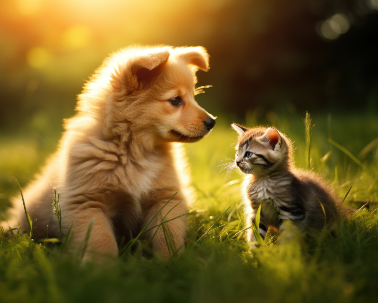 Playful kitten and dog having fun together on the green grass, pet photography