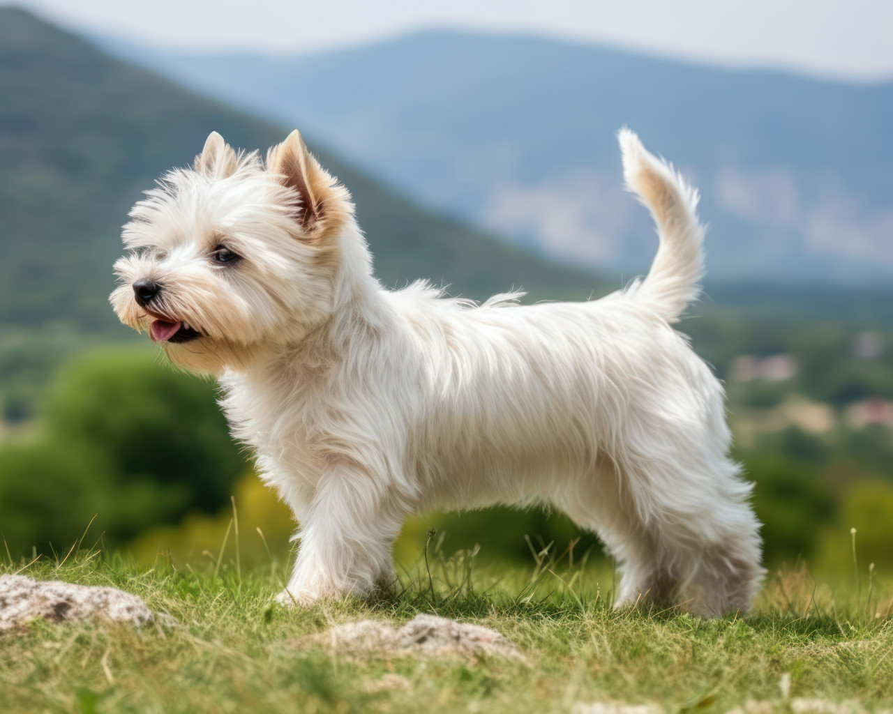 Cute dog on green grass against majestic mountain view, pet photography