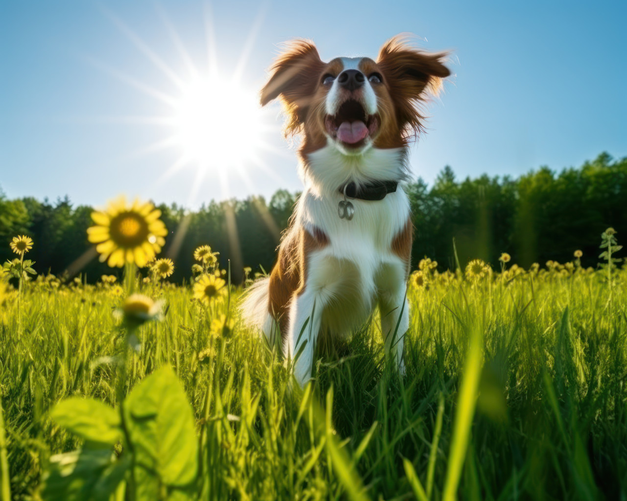 A dog on a green background field, pet photo