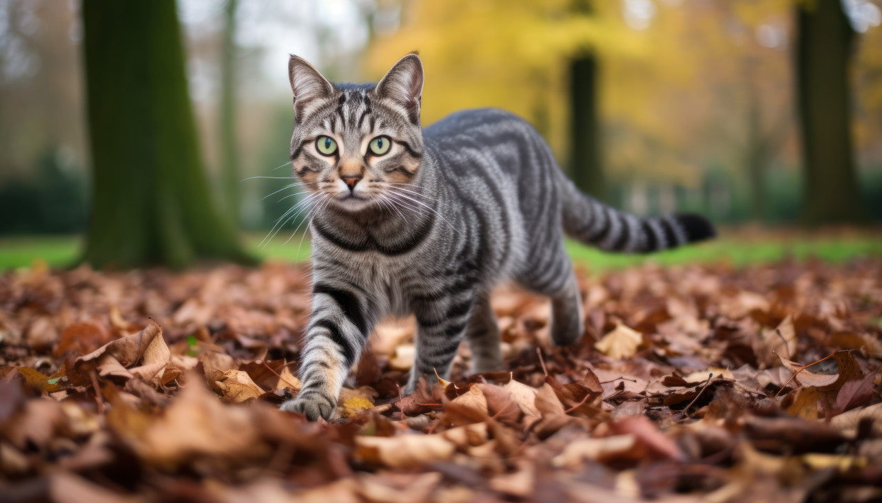A cute gray tabby cat exploring a park, pet photography