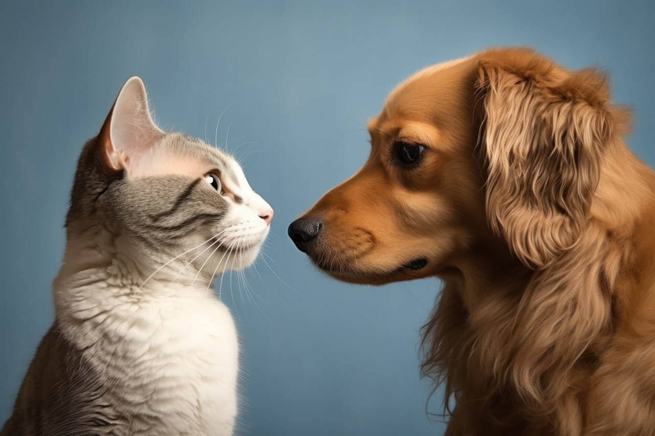 Dog and cat sitting gazing into eyes building a furry friendship with love and curiosity, cute domestic pet image