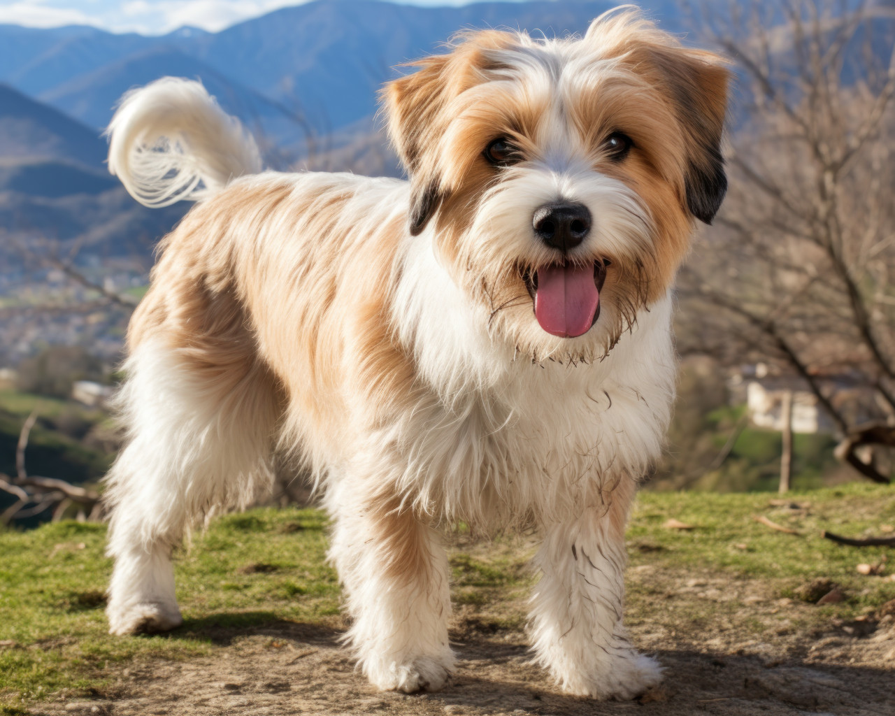 Cute dog in foreground with scenic mountain view, pet photo