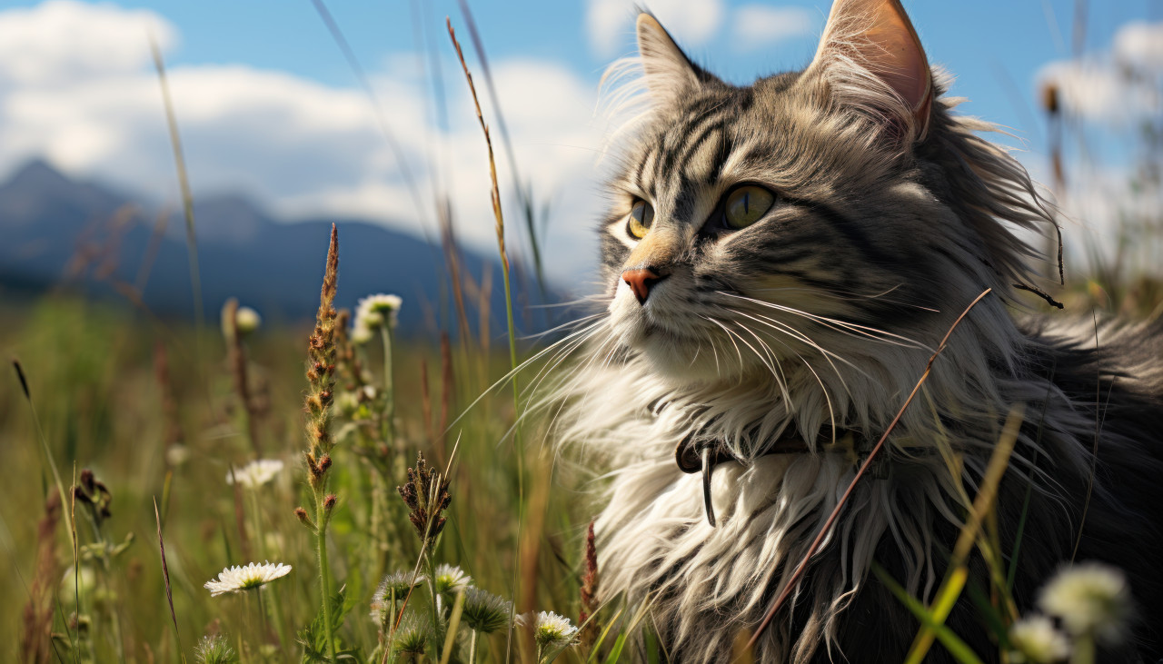 Grey cat exploring open fields, animal photography pics