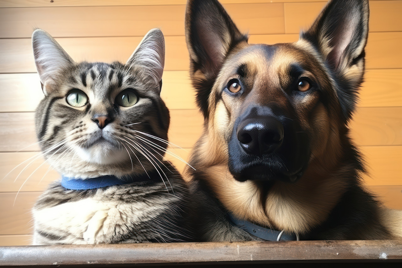 Cute dog and cat sitting side by side epitomizing harmony and friendship in a warm home environment, pet photo