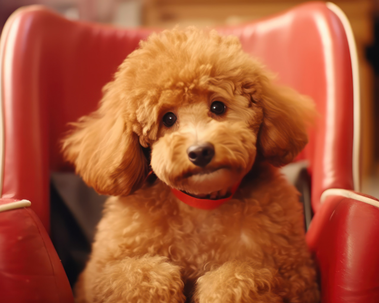 Cute short poodle sits calmly in the hairdresser chair during grooming session, animal photography pics