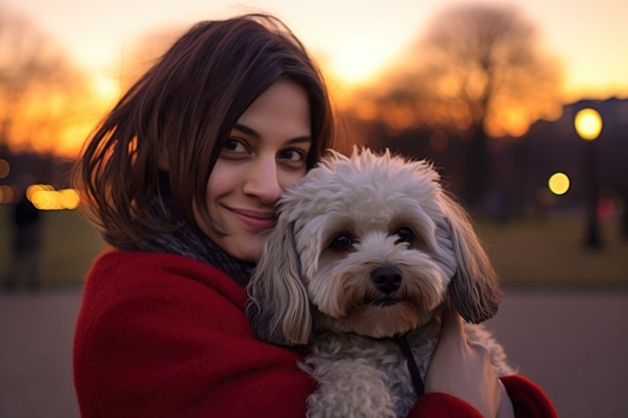 Woman holds her dog outdoors during a beautiful sunset creating a heartwarming moment in nature, cute domestic pet image