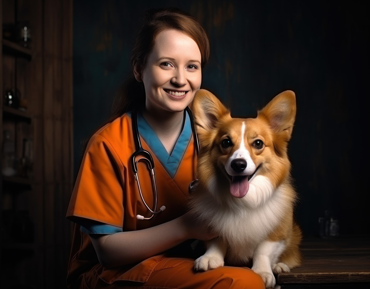 Female doctor in hospital holding corgi puppy, pet photo