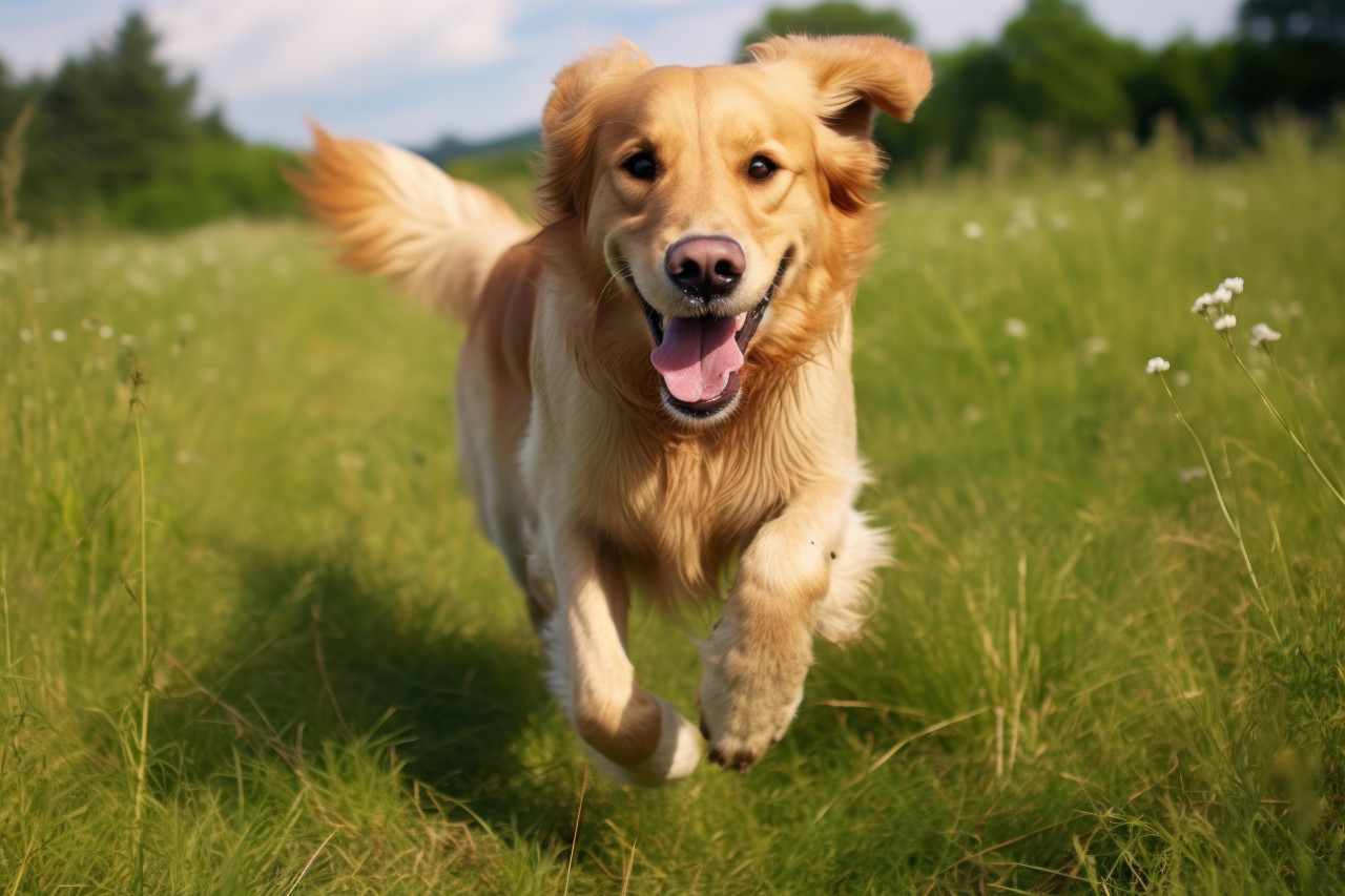 Golden retriever joyfully runs across a green field, animal photography pics