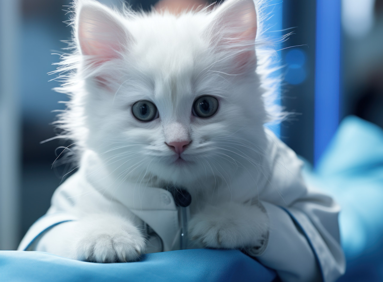 White kitten with care using blue gloves during a gentle checkup, cute domestic pet image