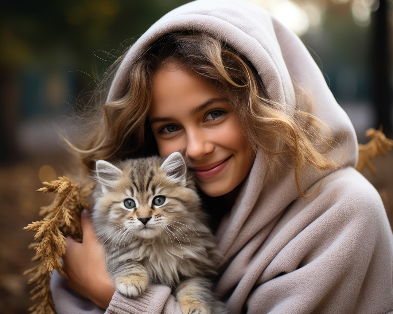 Young woman cradling adorable kitten in her arms outdoors, animal photography pics