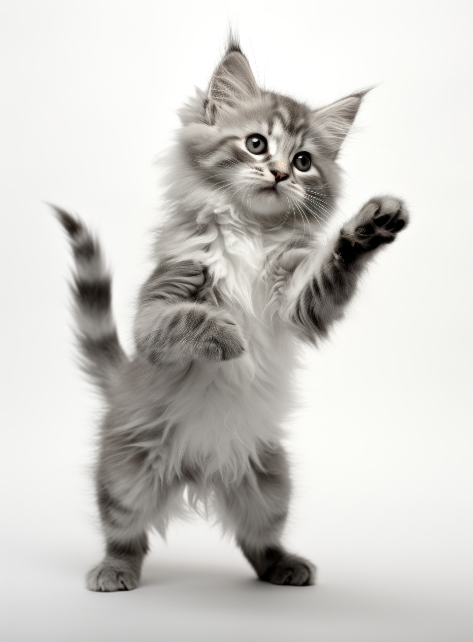 Tiny grey kitten on a clean white backdrop, animal photography pics