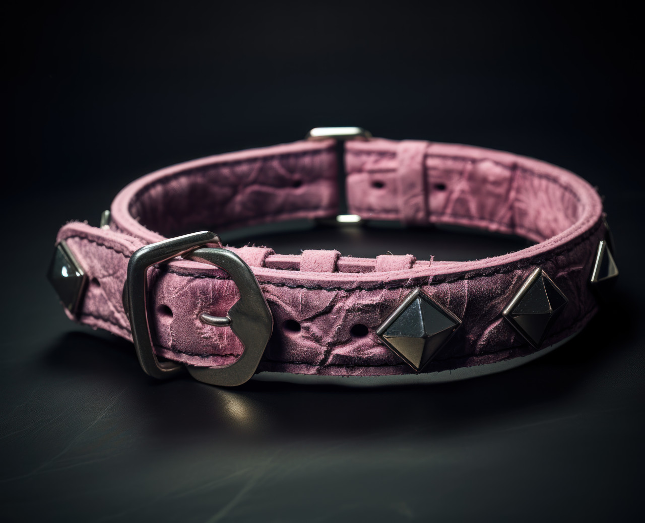 Black leather pet collar featuring shiny silver hardware, pet photography