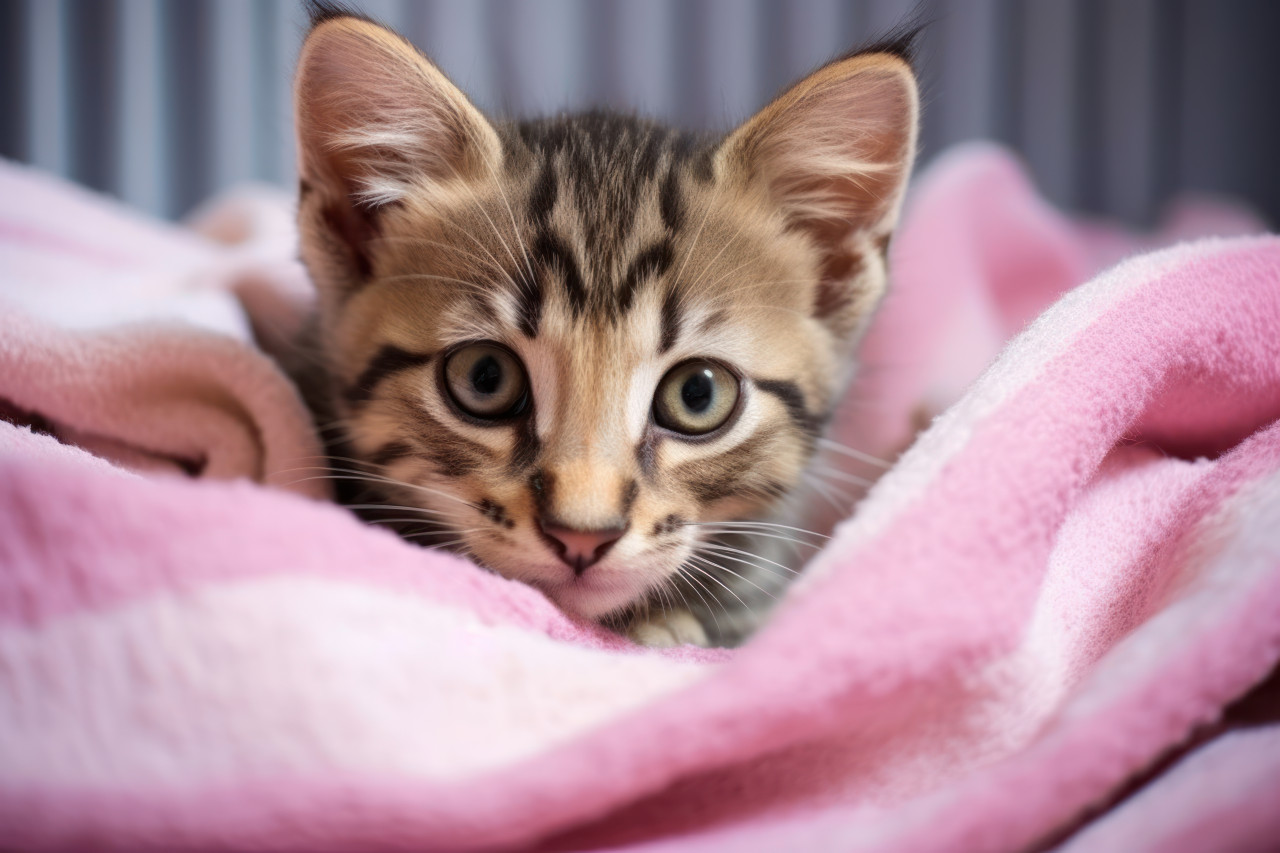 Cute kitten rests atop a cozy blanket, cute domestic pet image