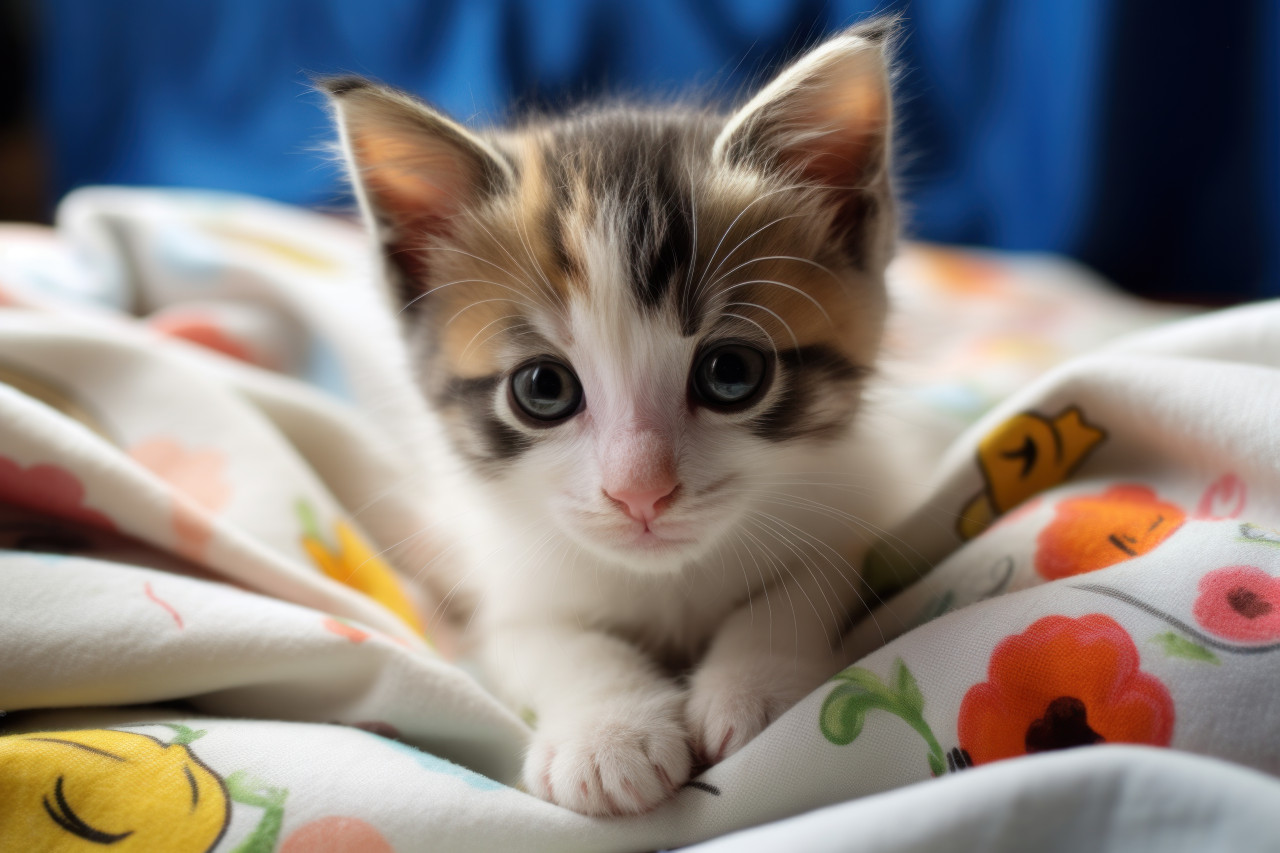 Cute kitten rests on a soft blanket, animal photography pics