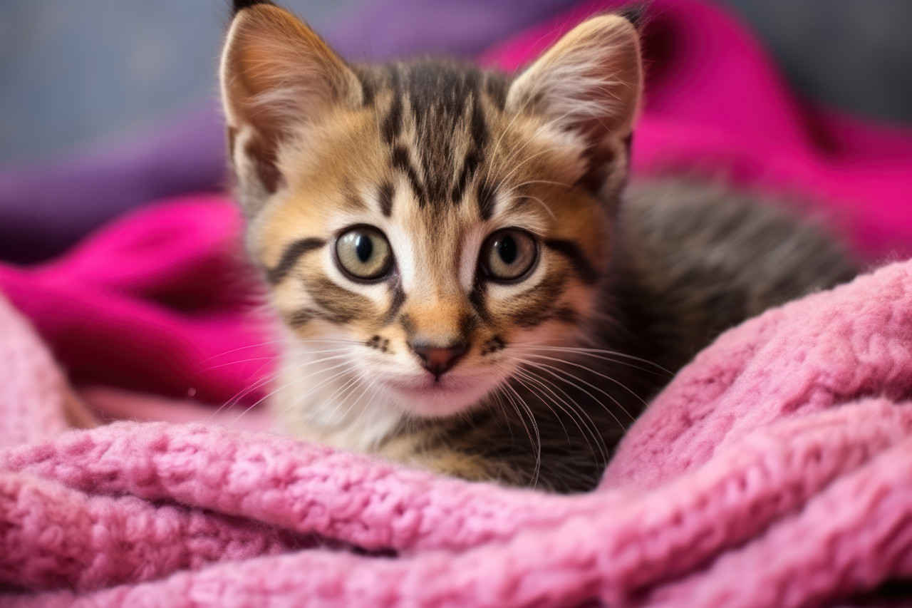 Adorable kitten finds comfort on a soft blanket, pet photography
