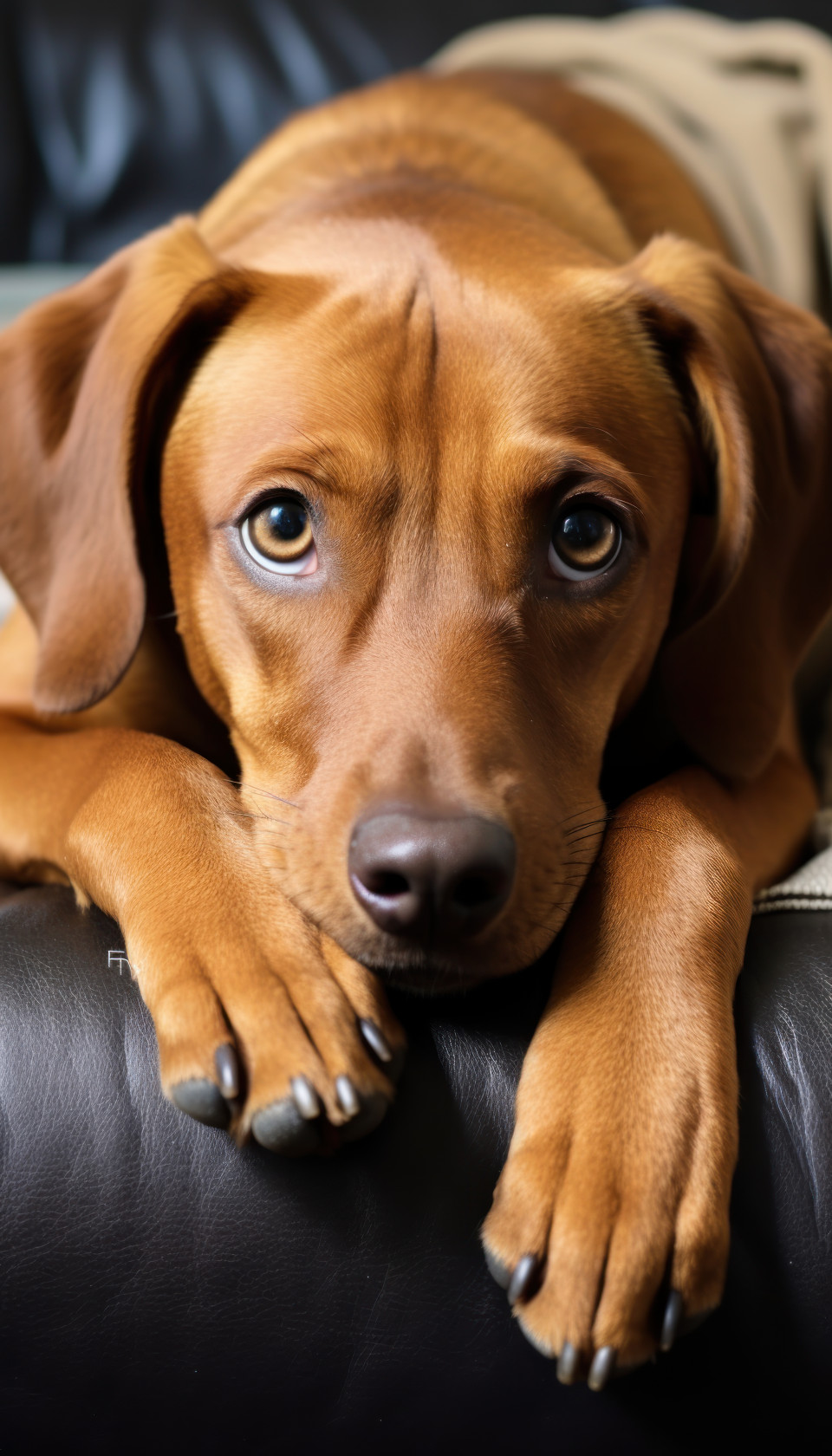 A dog with brown and tan fur relaxes on a blanket covering the couch, pet photography