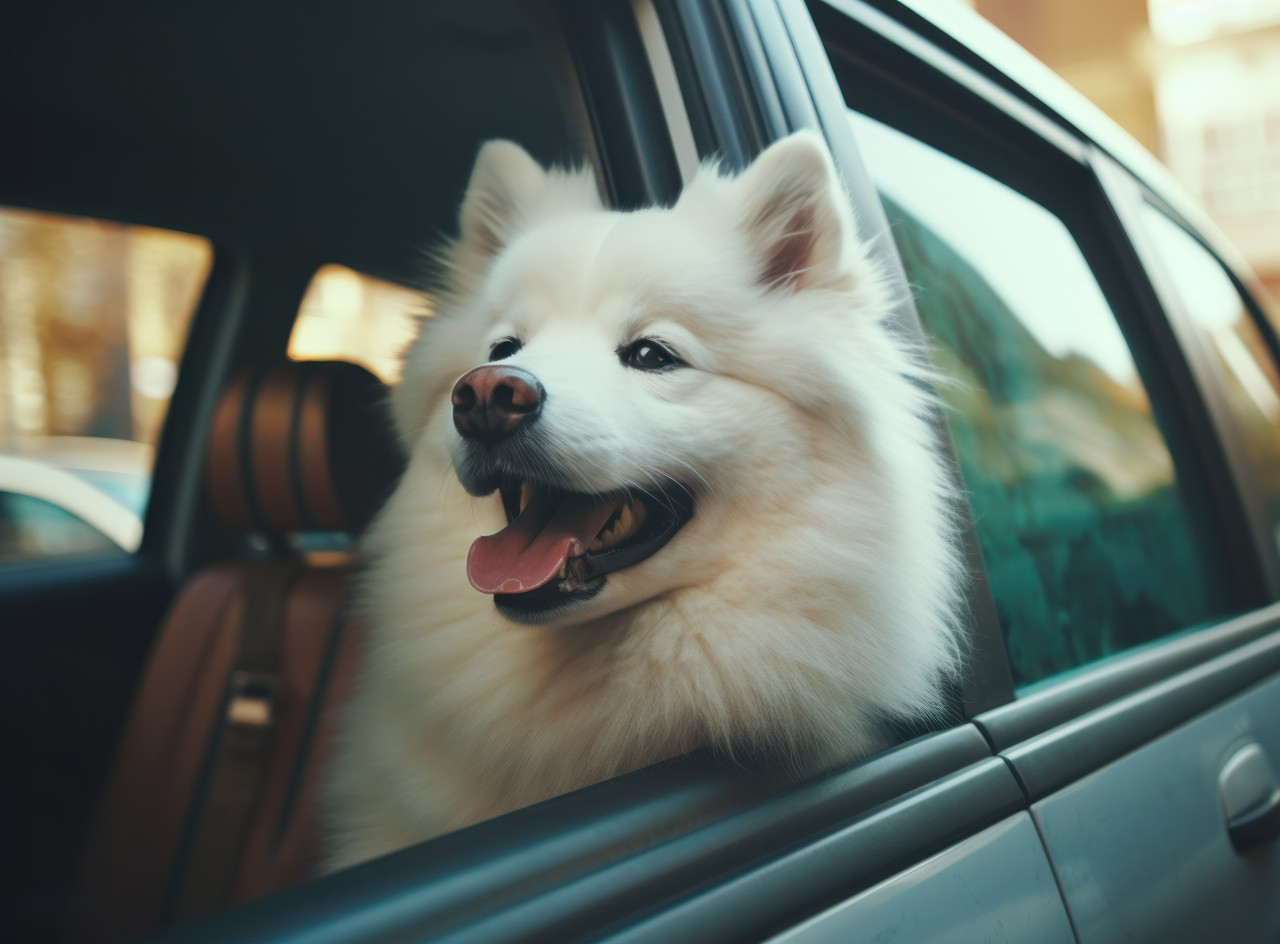Curious dog peers out of car window during a ride, animal photography pics