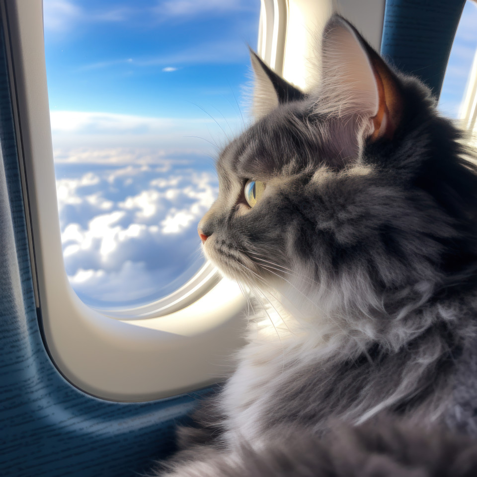 Cat looks out of airplane window, pet photography