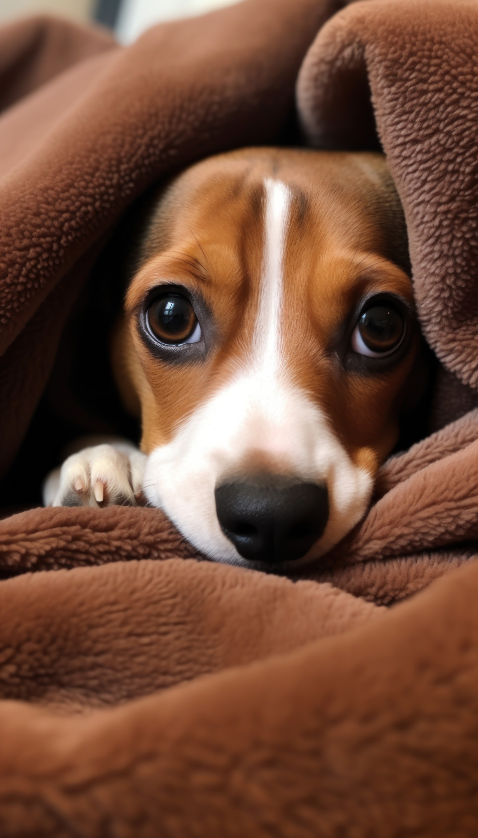 A cozy scene with a small pet dog relaxing on a bed in his comfy blanket, pet photography
