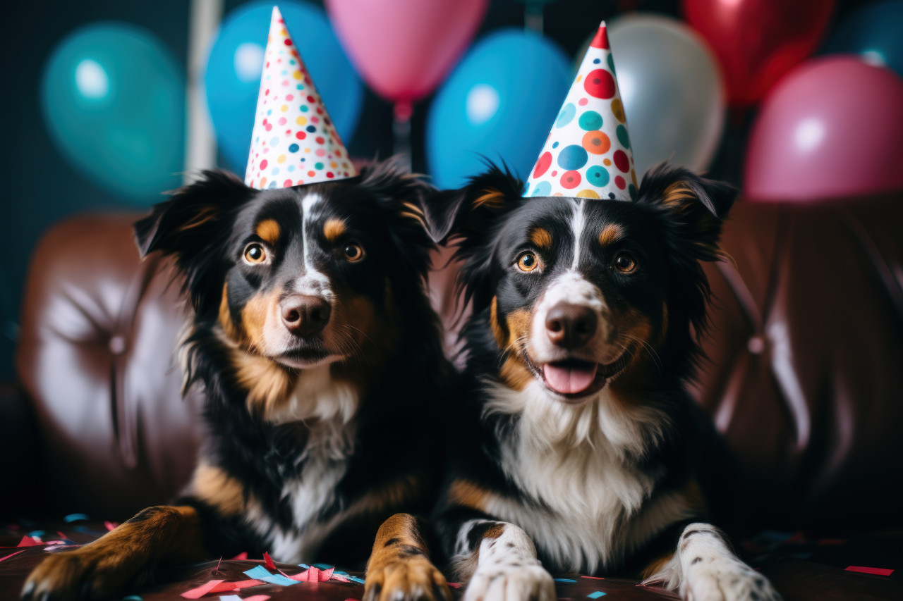 Pair of dogs don party hats bringing cheer and fun to the festive atmosphere with their adorable celebration, pet photo