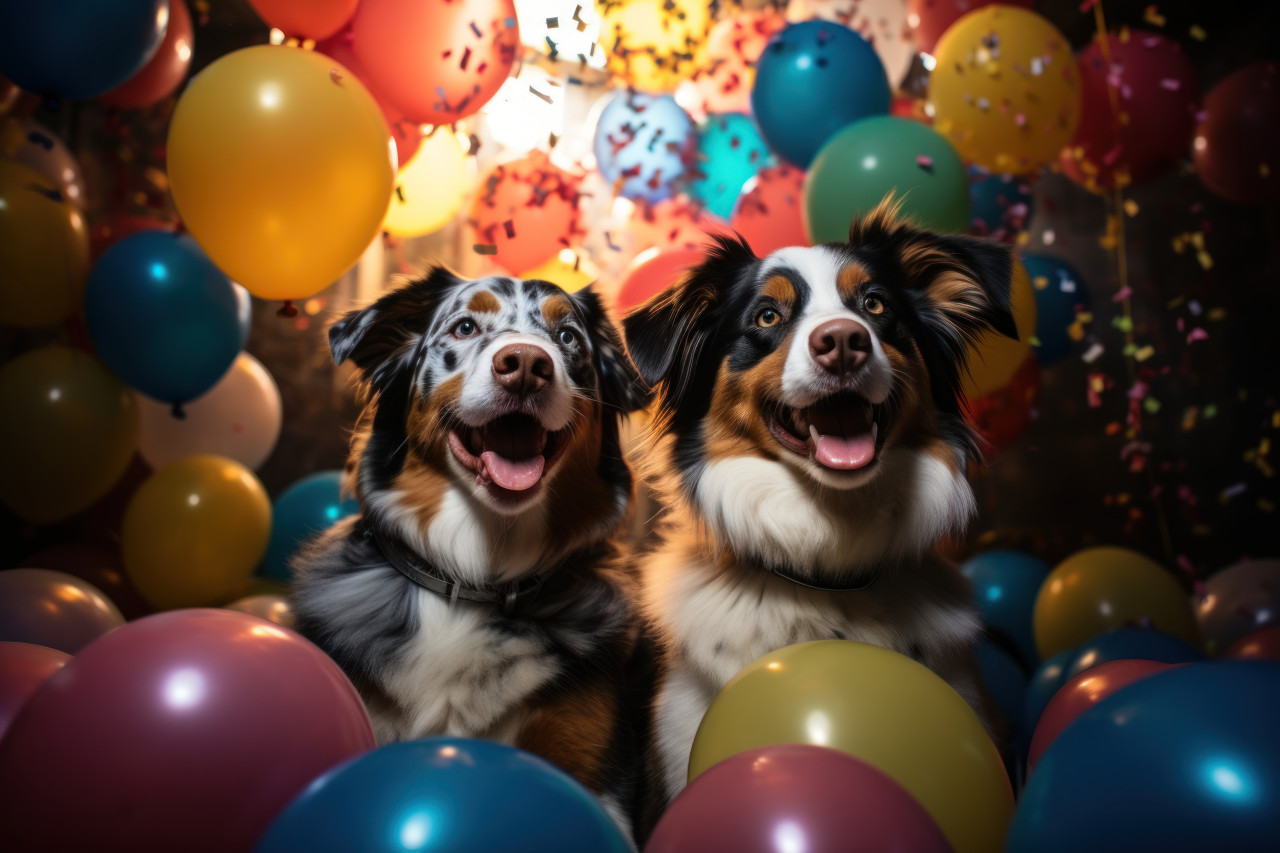 Two joyful dogs celebrate at a party wearing hats and surrounded by balloons., cute domestic pet image