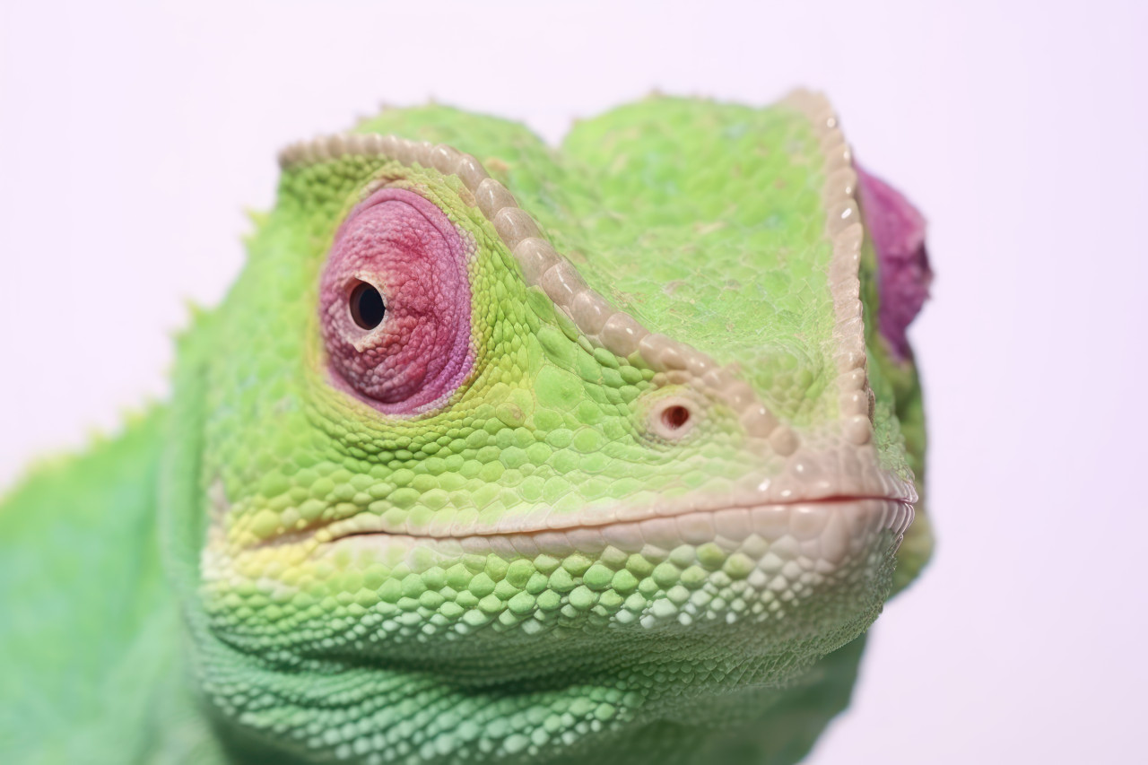 A chameleon with vivid green hues displaying its vibrant colors, pet photo