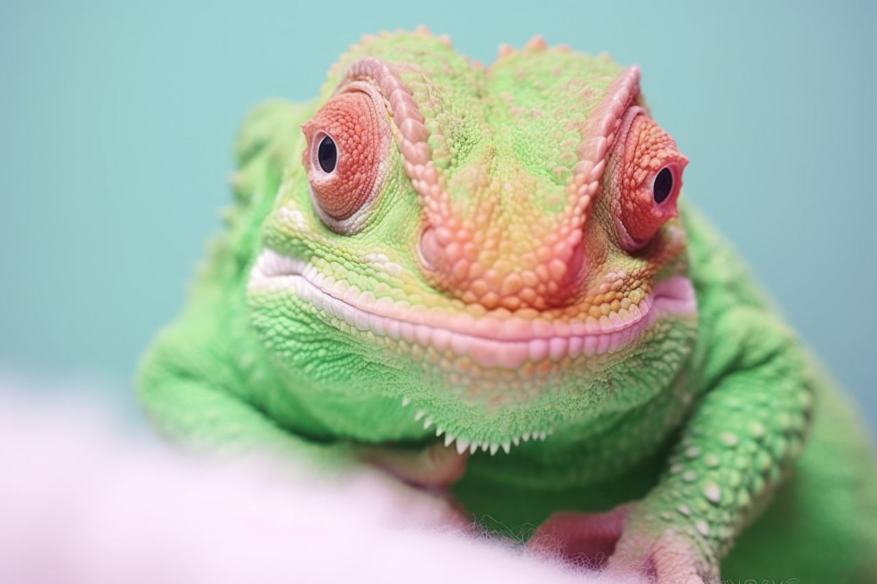 A chameleon displaying vivid green hues blending seamlessly in its natural environment, cute domestic pet image