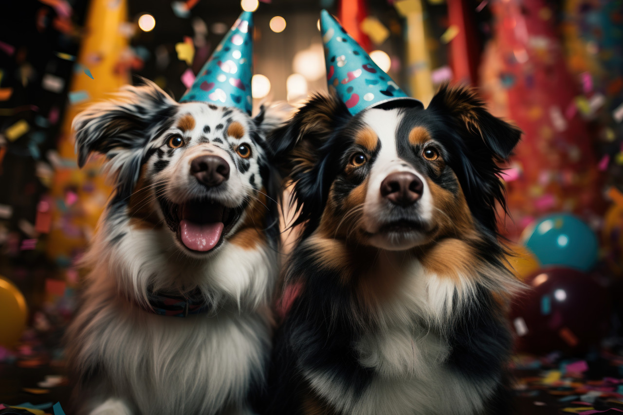 Happy dogs wearing party hats celebrate joyfully at a lively gathering, cute domestic pet image