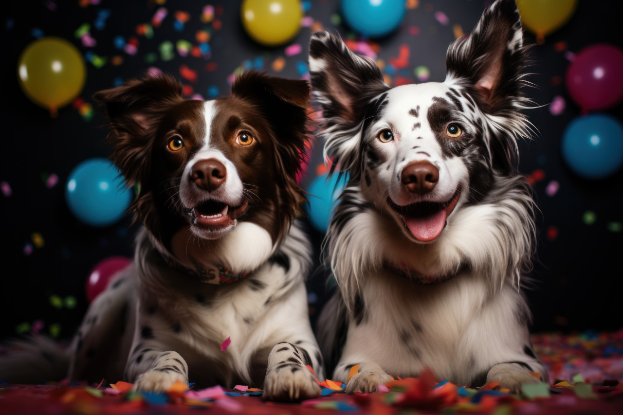Happy dogs celebrate with balloons and confetti at a lively party, pet photography