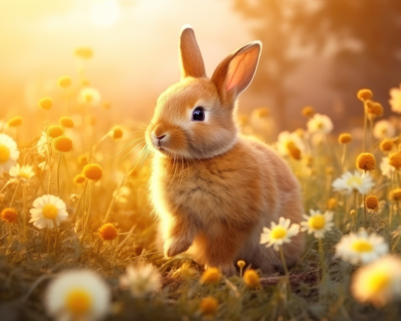 The cutest bunny having fun in a vibrant flower field on a sunny day, pet photography