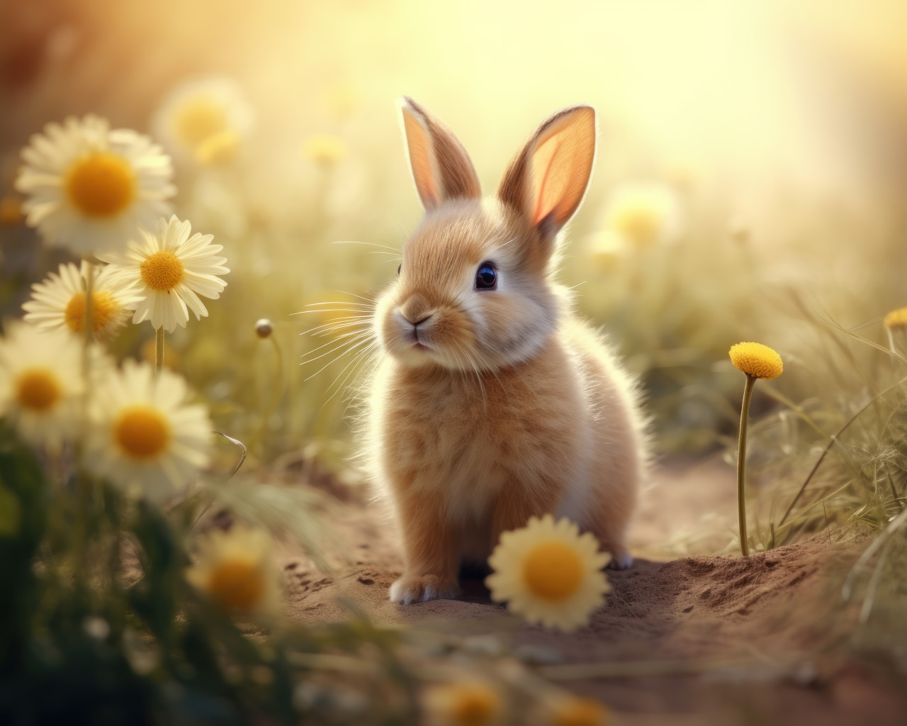 Cute rabbit happily playing in a field of flowers, animal photography pics